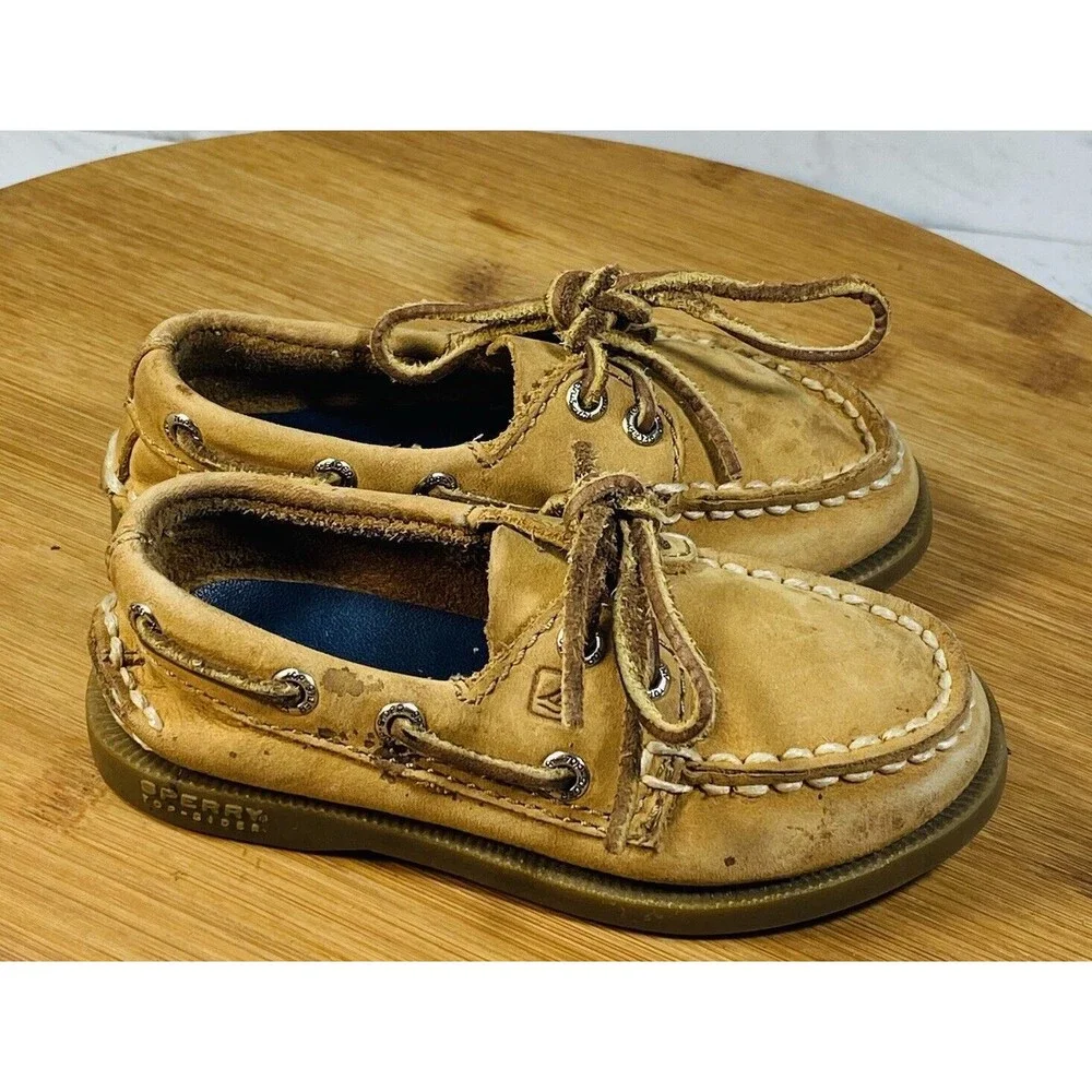 Sperry VTG Slip On Leather Boat Deck Shoes Tie Loafer Boys US 8.5M Brown Tan